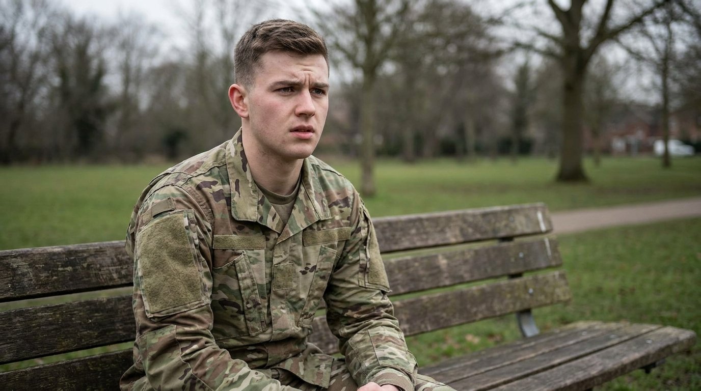 Soldier in camouflage uniform sitting outdoors weighing a return to TRICARE rehab after a relapse