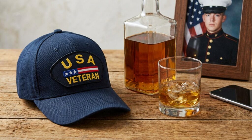 USA veteran cap, whiskey bottle and glass, and a framed Marine portrait, reflecting PTSD and alcohol use in veterans