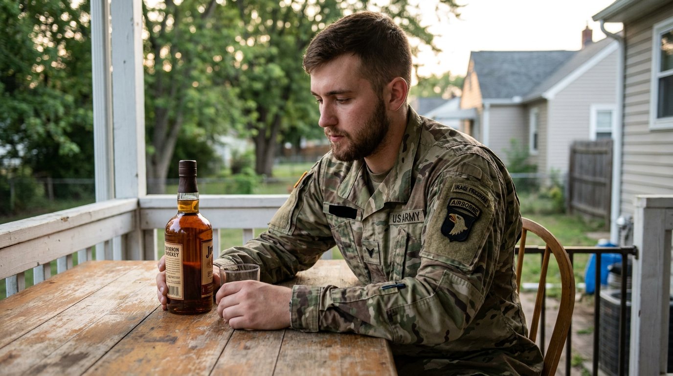US Army veteran sitting alone at a table with a bottle of whiskey, coping with PTSD and alcohol before treatment