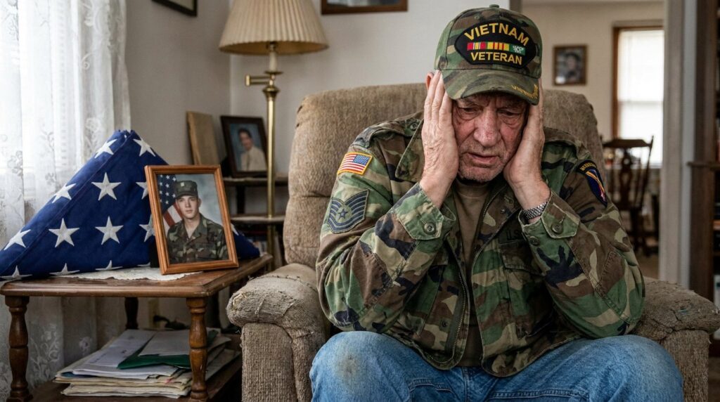 Older Vietnam veteran sitting at home with his head in his hands, a folded American flag and a service portrait beside him