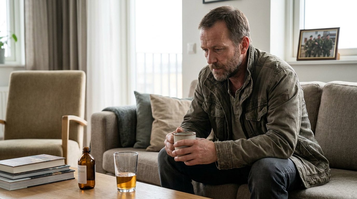 Veteran coping with PTSD and substance use, sitting with a drink at home near a military service photo