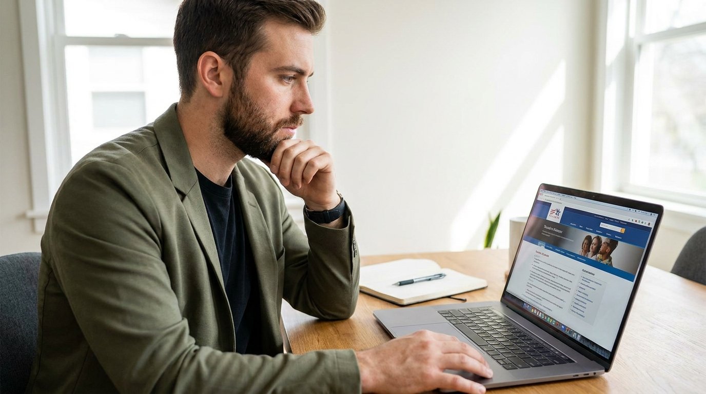 Veteran comparing VA health care and TRICARE options for addiction treatment at a laptop