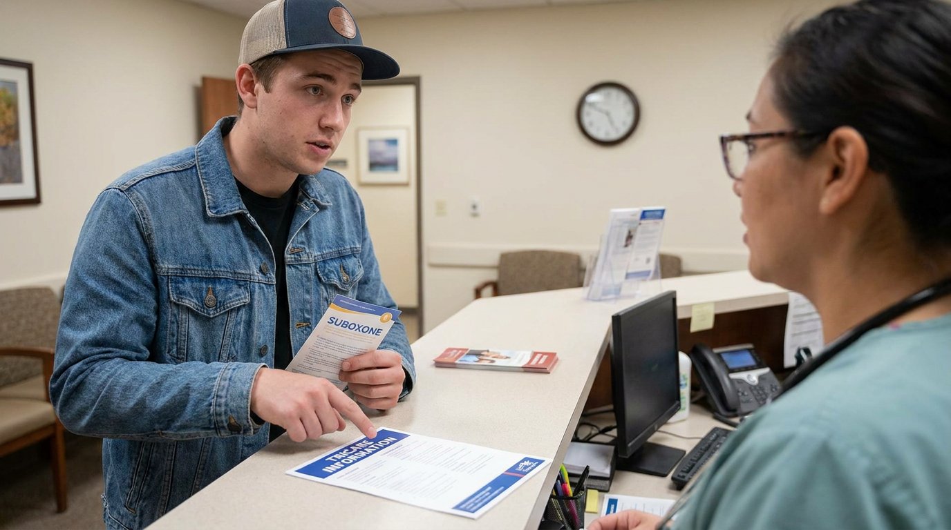 Young man in a clinic waiting area reading a brochure about MAT and TRICARE Suboxone coverage