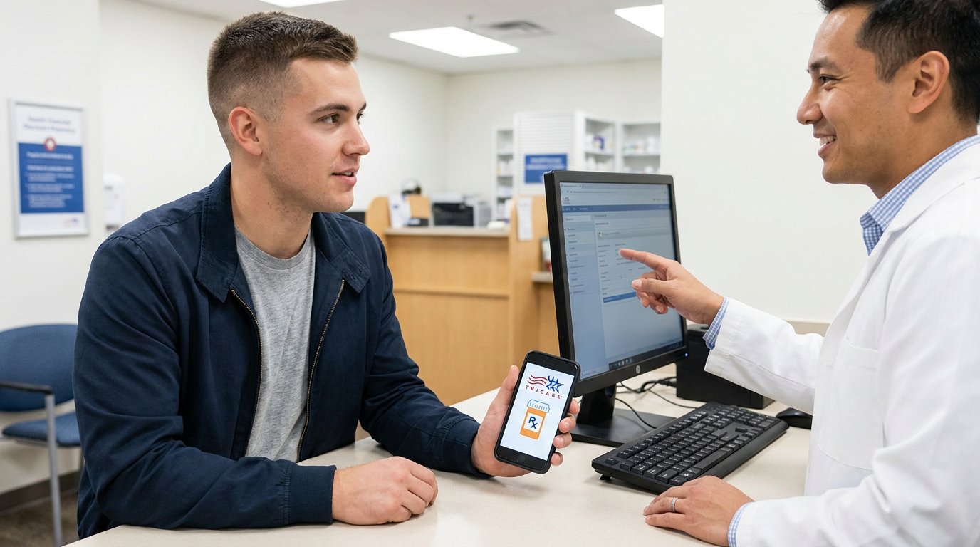 Clinic staff helping a young man check his TRICARE coverage for Suboxone treatment at the front desk