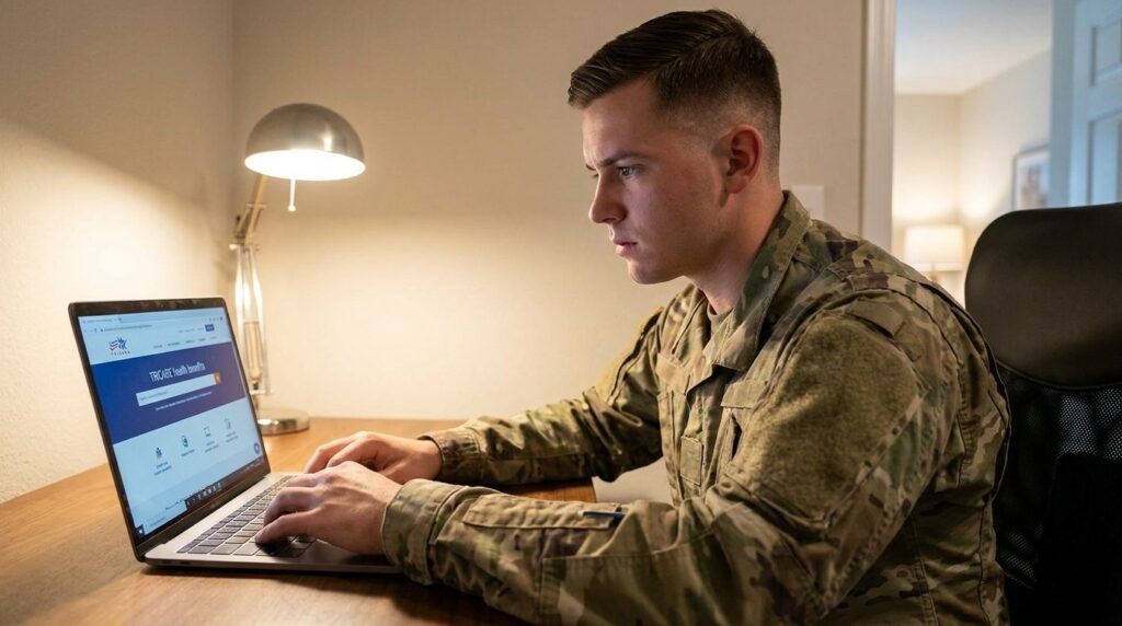 Service member in uniform reviewing VA and TRICARE addiction treatment coverage on a laptop