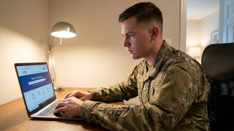 Service member in uniform reviewing VA and TRICARE addiction treatment coverage on a laptop