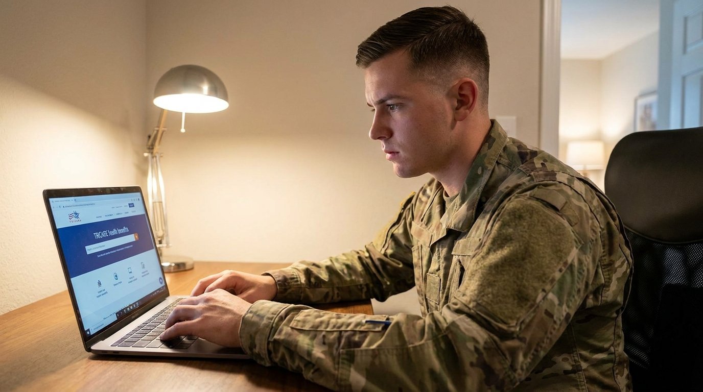Service member in uniform reviewing VA and TRICARE addiction treatment coverage on a laptop