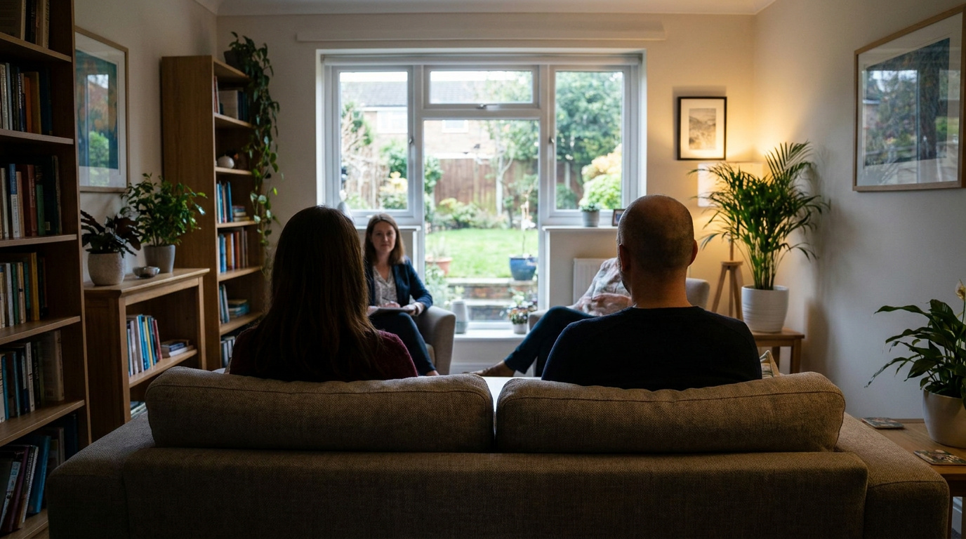 A couple sitting together on a sofa facing a therapist during a family therapy session in a calm room