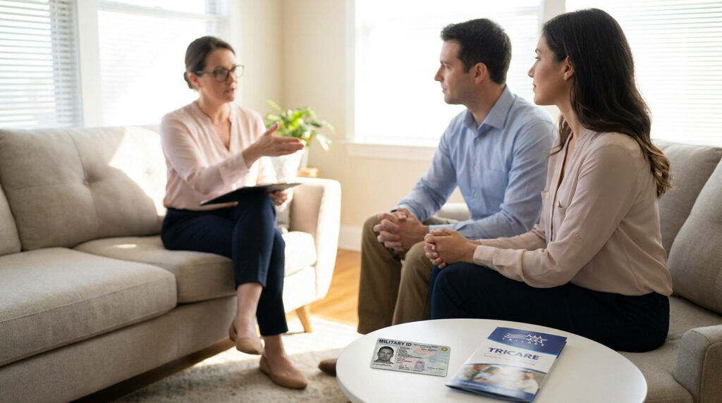 A military couple in a counseling session with a therapist, a military ID and TRICARE brochure on the table