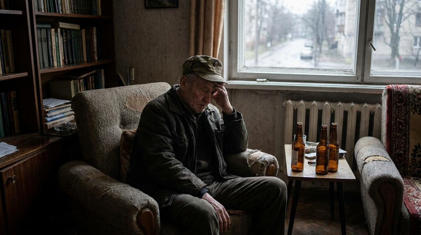 Man sitting alone by a window with his head in his hand, struggling with drinking