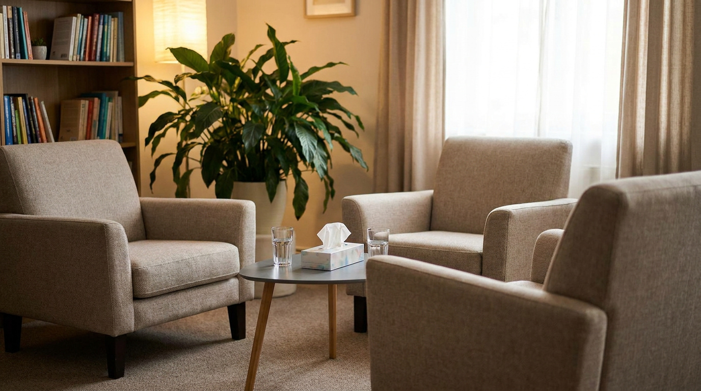 A quiet counseling room with armchairs, a tissue box, and a bookshelf, set up for couples or family counseling
