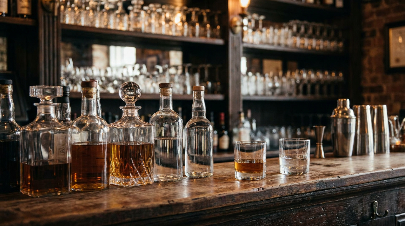 Bottles of liquor lined up behind a bar, illustrating alcohol use disorder