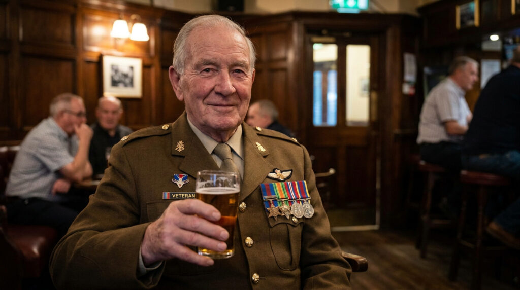 Older military veteran in uniform with service medals, holding a drink at a bar