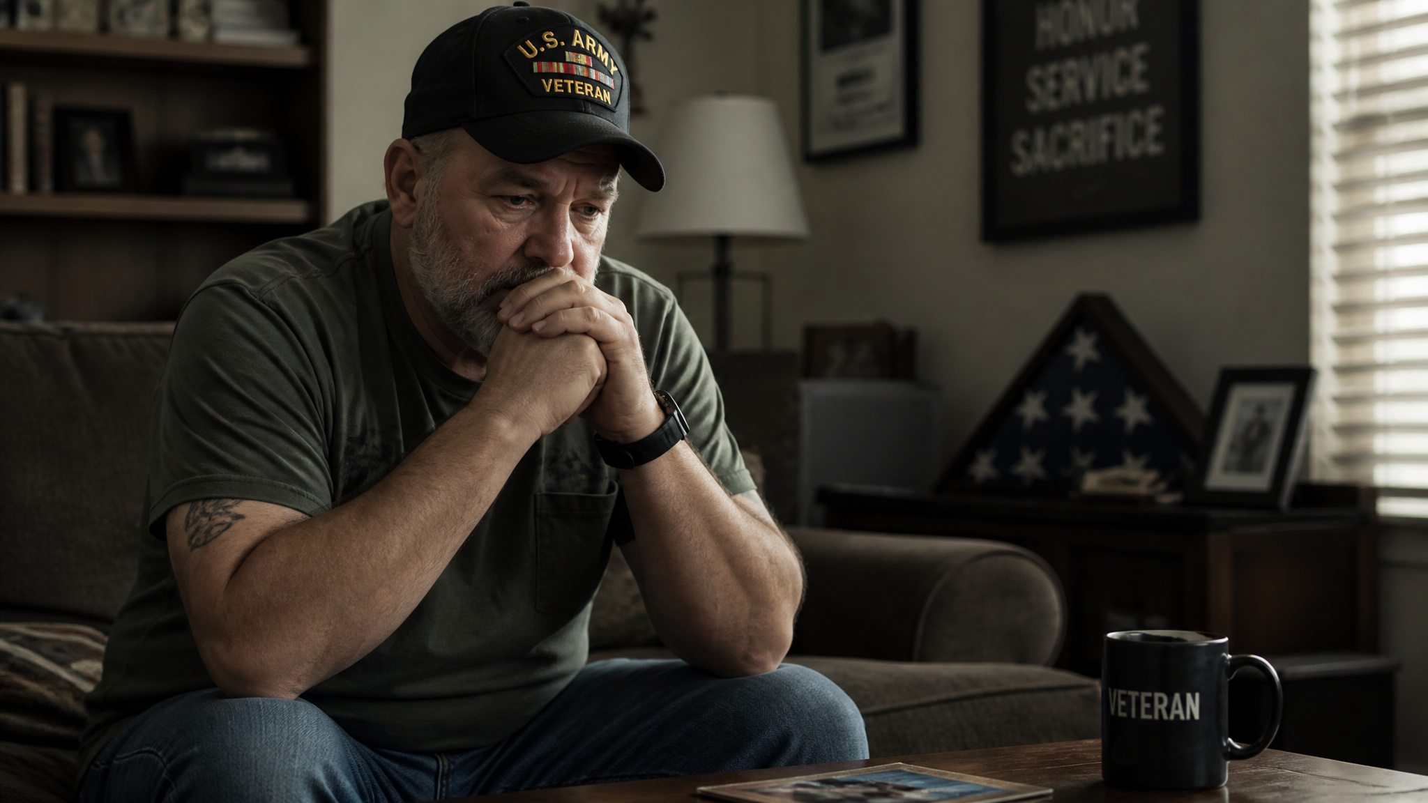Veteran reflecting on post-deployment stress and PTSD symptoms